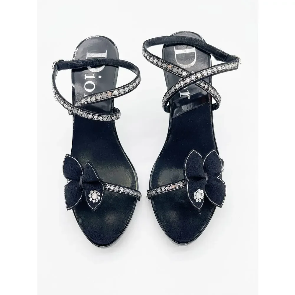 Christian Dior Vintage Y2K Black Butterfly Sequin Strappy Platform Sandals EU 37